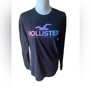 Hollister Black Long Sleeve T-Shirt With Multicolor‎ Ombre Logo Graphic